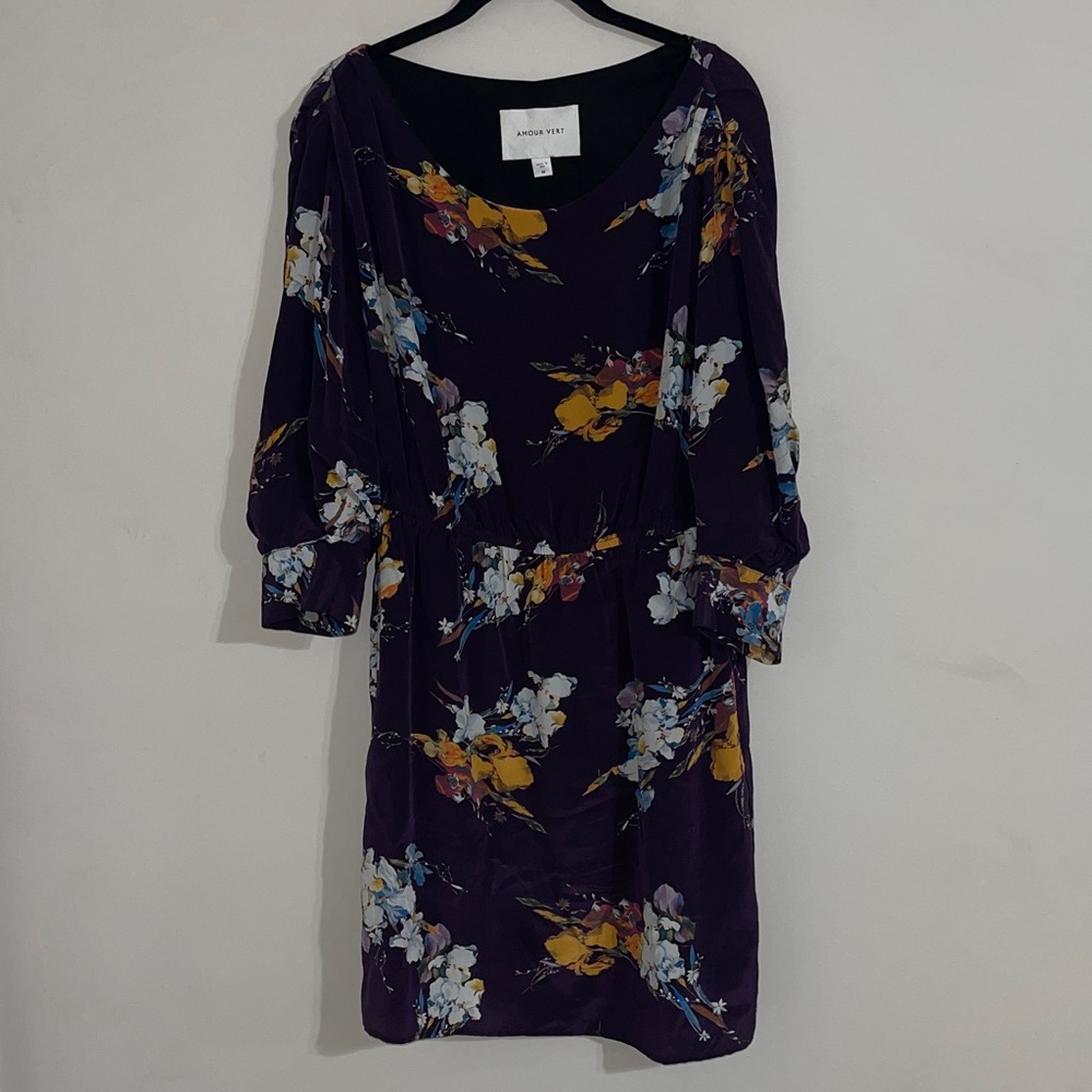 Amour Vert Purple 100% Silk "Arabelle Soirée" Multi Floral Dress Medium